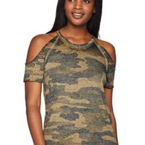 Lucky Brand Distressed Camo Cold Shoulder Top Sz XS
